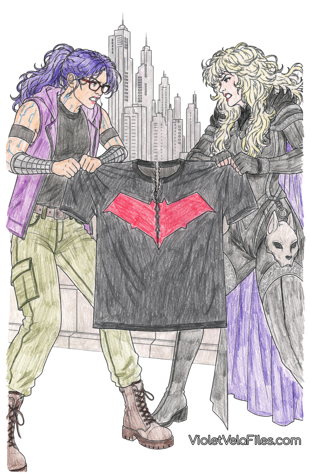 Violet Vela and Delaney on a rooftop, each gripping a side of a torn black t-shirt with a red bat emblem