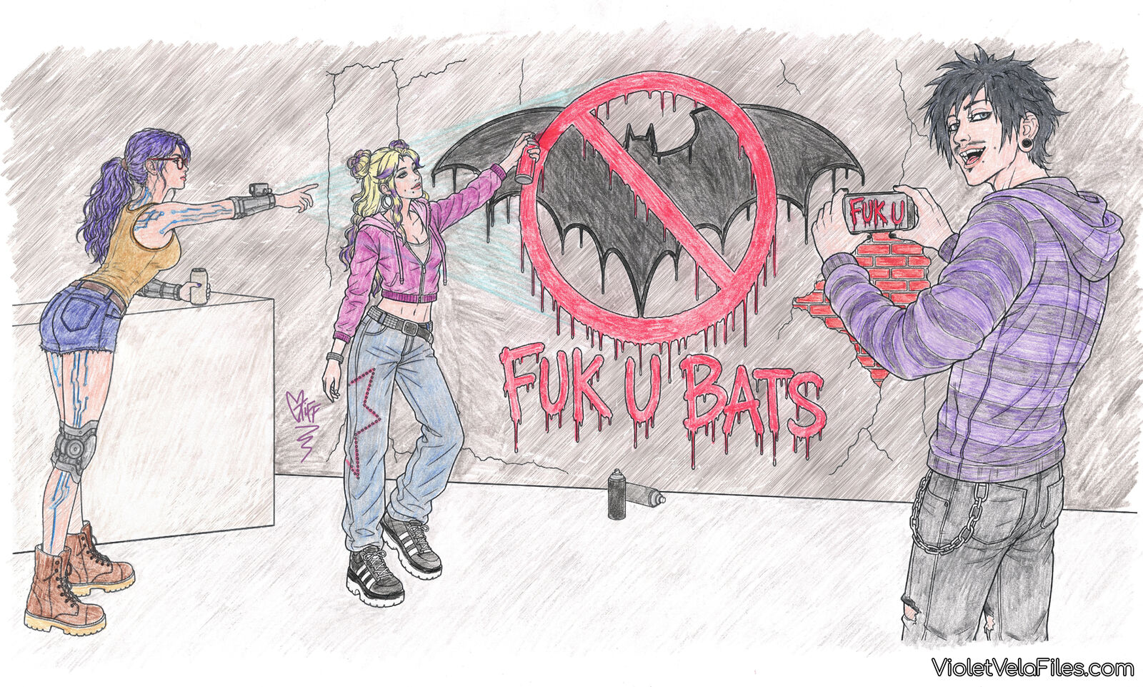 Violet Vela projecting a stencil from her forearm chrome while Tiff spray-paints a dripping no-Batman mural and Monty films it on his phone