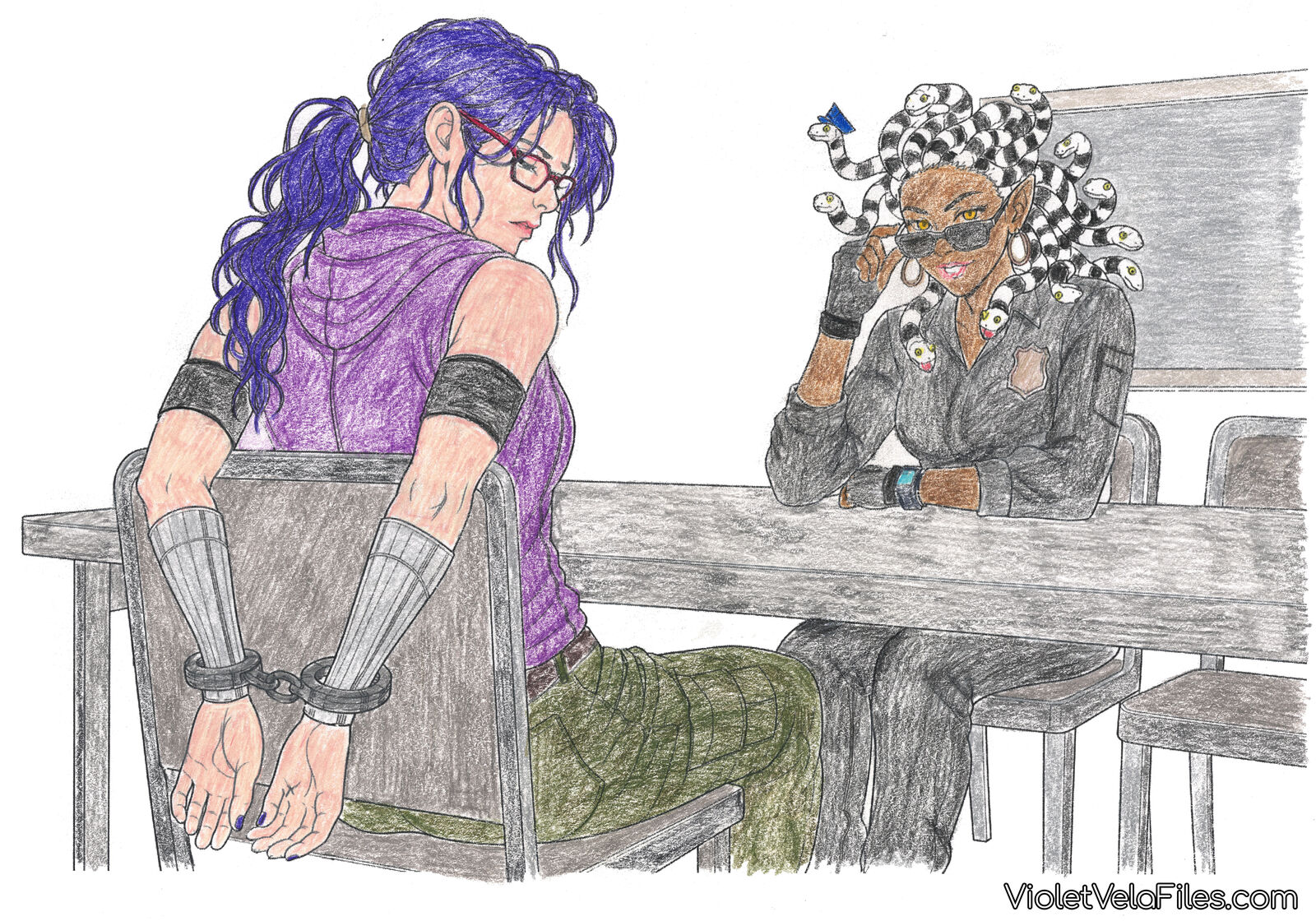 Violet Vela handcuffed in an interrogation room, looking away while Sgt. Stoneye, a gorgon police sergeant with black-and-white banded snake hair, lowers her sunglasses across the table