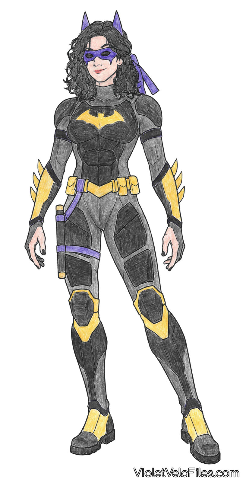 Cassandra Kane as Batgirl, full-length character sheet in colored pencil: charcoal armored bodysuit with black sculpted chest and thigh plates, yellow bat emblem, yellow finned bracers, yellow utility belt and knee pads, purple domino mask with black lenses and purple ears, purple ribbon tied at the back of loose dark hair, a collapsed baton strapped to one thigh, black gloves bare at the thumb and forefinger