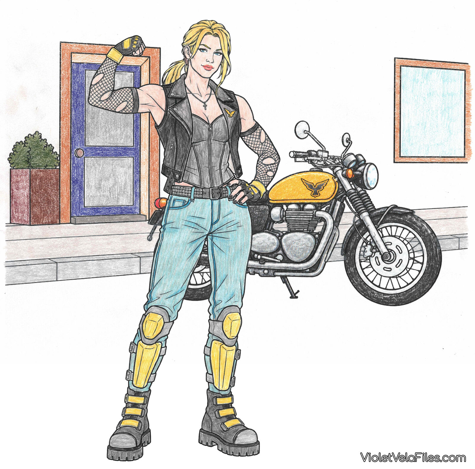 Dinah Lance flexing one arm beside her Triumph Bonneville, yellow tank with a canary emblem, in a black leather vest over a bustier, fishnet arm sleeves, studded belt, faded jeans, yellow knee and shin guards, and yellow-strapped combat boots, outside a blue door with a planter