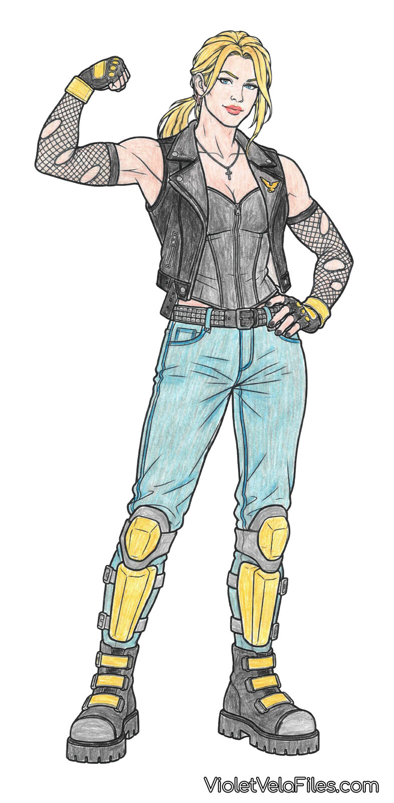 Dinah Lance, full-length character sheet: blonde ponytail, black leather vest over a zip-front bustier with a canary emblem, fishnet arm sleeves, fingerless gloves, studded belt, faded jeans, yellow knee and shin guards, and yellow-strapped combat boots, one arm flexed and the other hand on her hip