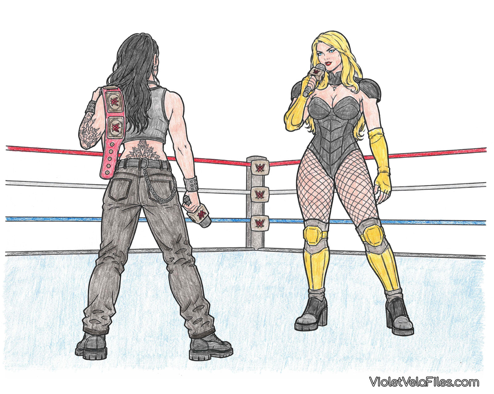 Dinah Lance cutting a promo on the mic in a WWE ring, black bustier bodysuit with pauldrons, yellow gloves, fishnets, and yellow knee and shin guards, facing a dark-haired champion seen from behind with the title belt over her shoulder
