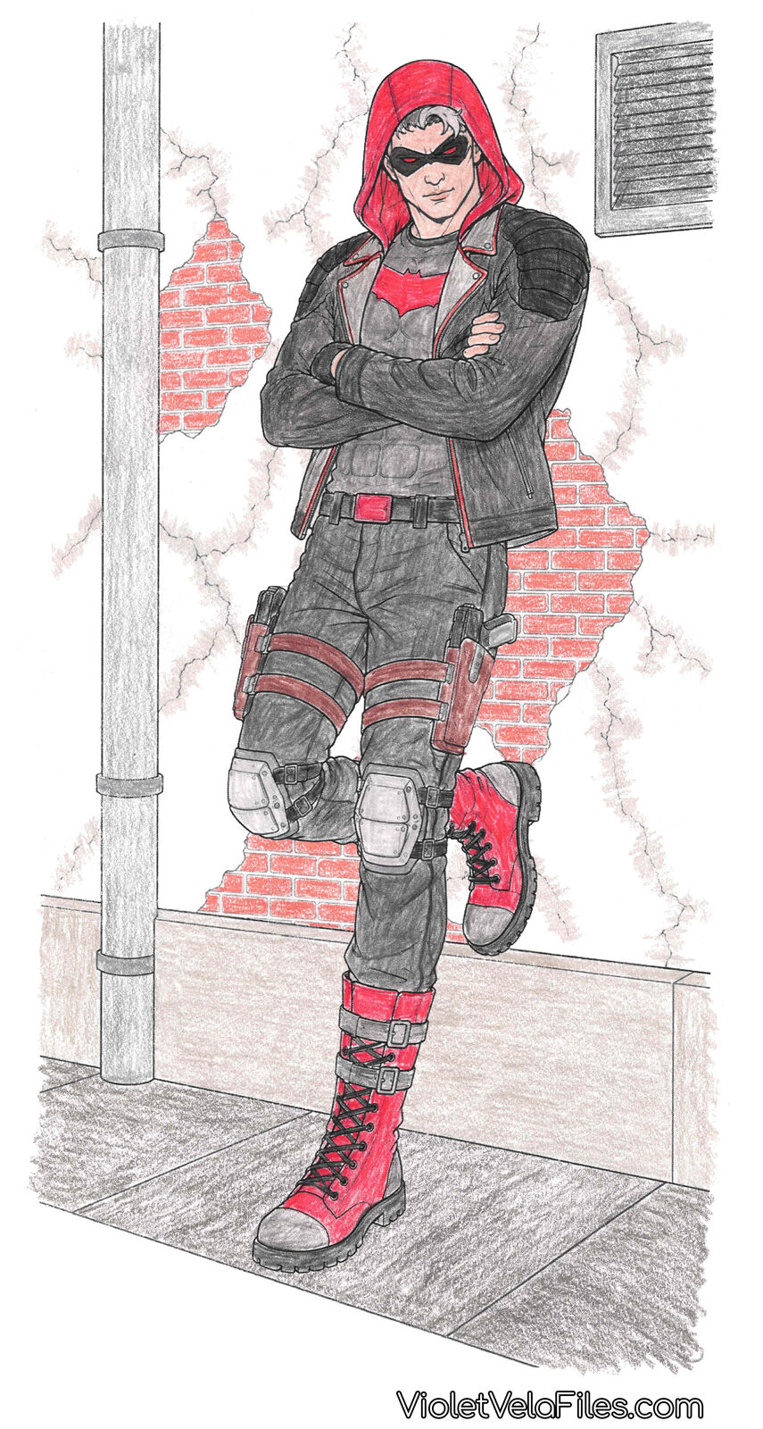 Jason Todd as Red Hood leaning against a brick wall beside a downspout, arms folded, red hood up over a black leather jacket, red bat emblem on a gray armored shirt, thigh holsters, one red boot planted on the wall