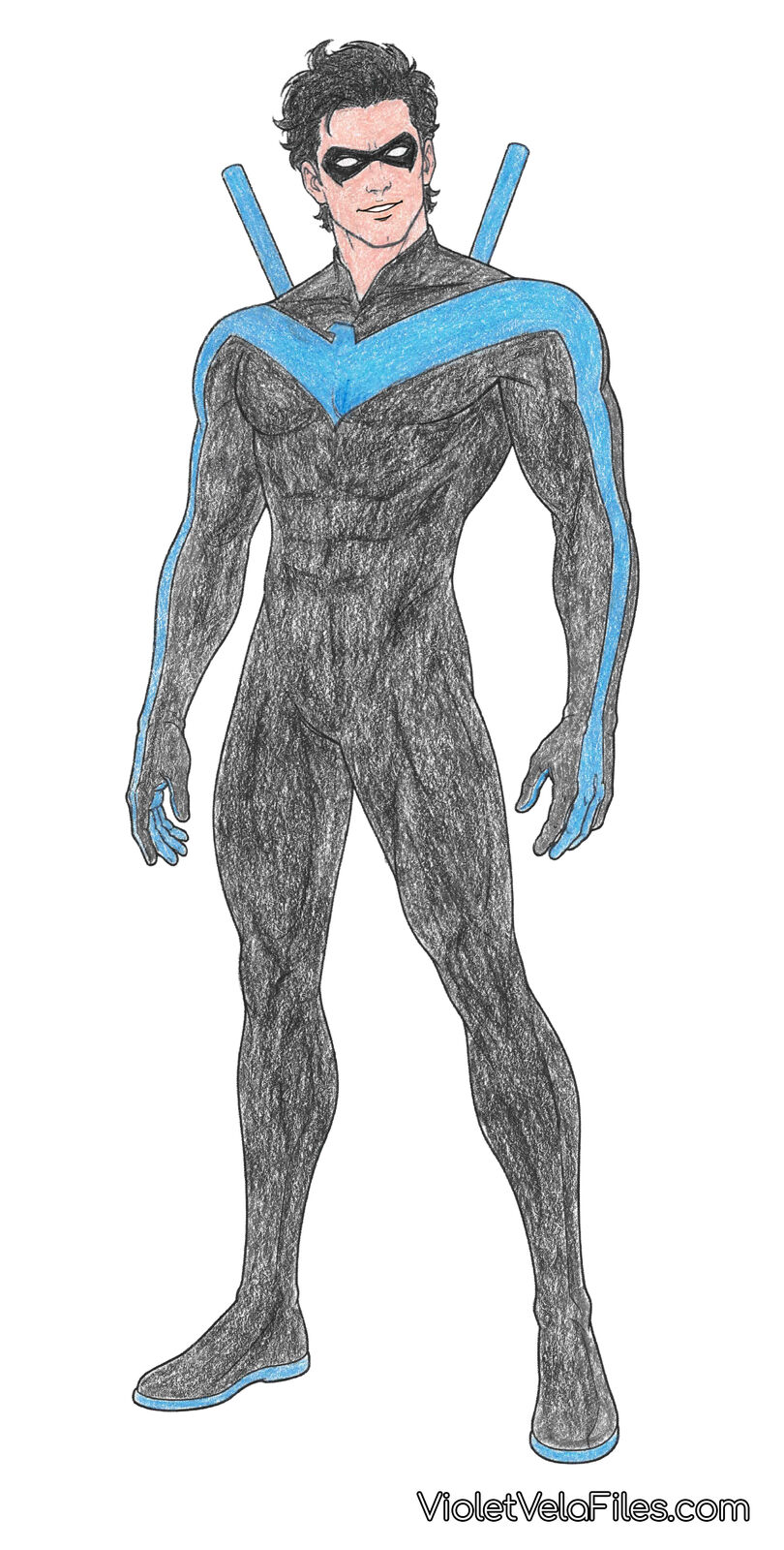 Dick Grayson as Nightwing, full-length character sheet: matte black suit with the blue bird emblem sweeping across the chest and down both arms, blue finger stripes and soles, black domino mask, twin escrima sticks over his shoulders, tousled dark hair swept back, half-smile