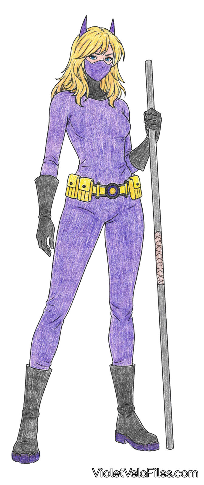 Stephanie Brown in her homemade suit, full-length character sheet in colored pencil: plain fitted purple bodysuit with no emblem, purple mask and cowl ears under loose blonde hair, black gauntlets and boots, gold utility belt with pouches, holding a five-foot gray pipe with grip tape wrapped around its middle