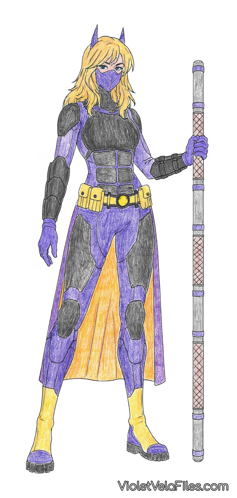 Stephanie Brown in her Cave suit, full-length character sheet in colored pencil: purple armored bodysuit with black chest, shoulder, and thigh plates, black segmented gauntlets over purple gloves, gold belt, gold over-knee boots, a darker violet waist cape lined in gold, and a sectioned bo staff with taped grips