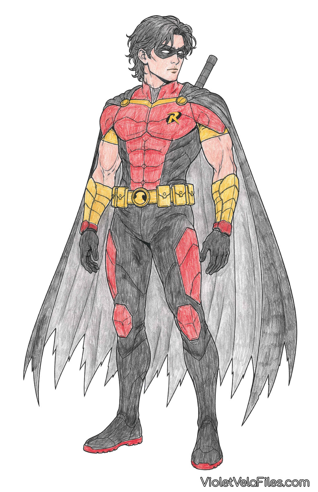 Tim Drake as Robin, full-length character sheet: red and black armored suit with yellow gauntlets and utility belt, tattered gray cape, bo staff over his shoulder, black domino mask, shoulder-length dark hair