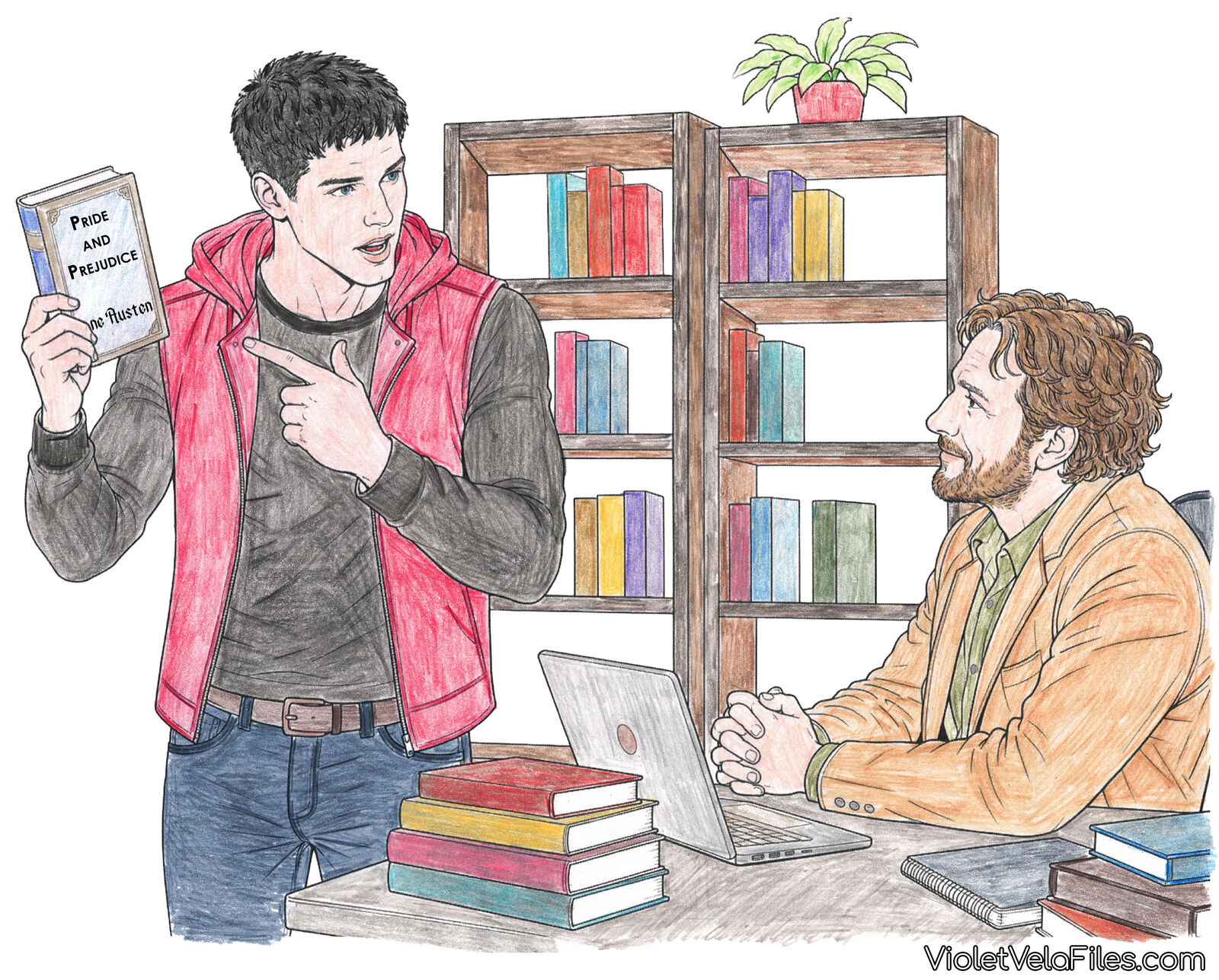 Jason Todd in a red hooded vest brandishing a copy of Pride and Prejudice at a smiling professor seated behind a laptop in a library