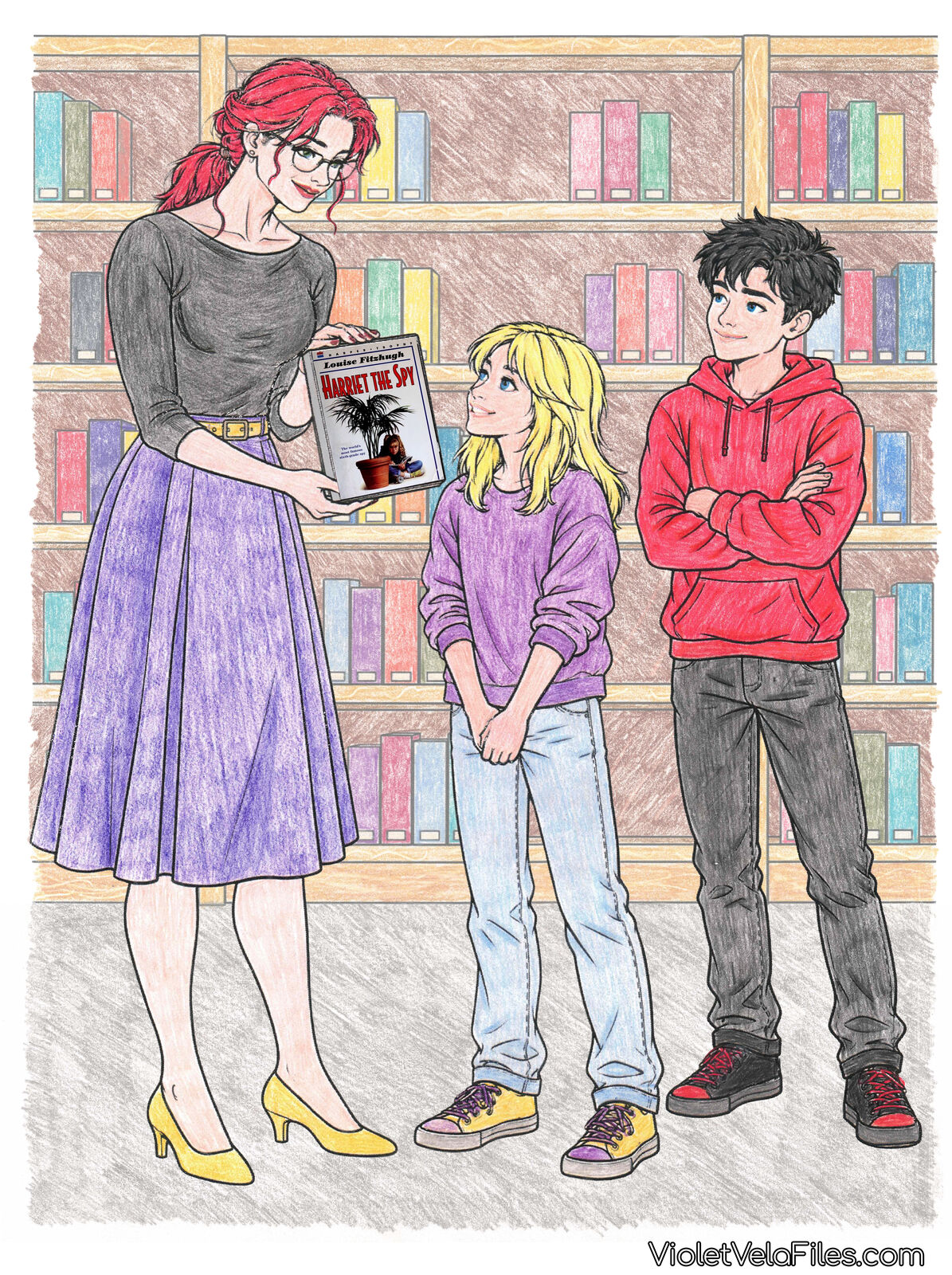 Librarian Barbara Gordon, red hair and glasses, handing a copy of Harriet the Spy to young Stephanie Brown in a purple sweatshirt while young Jason Todd in a red hoodie stands beside her with arms crossed, in front of library shelves