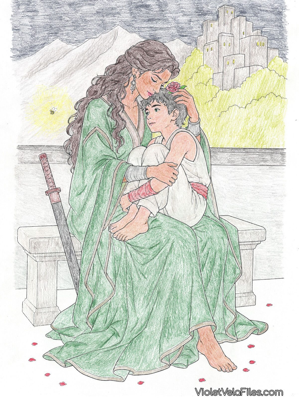 Talia al Ghul in green robes cradling young Damian curled in her lap on a stone garden bench at night, placing a rose in his hair as a firefly glows beside them and a mountain fortress rises behind