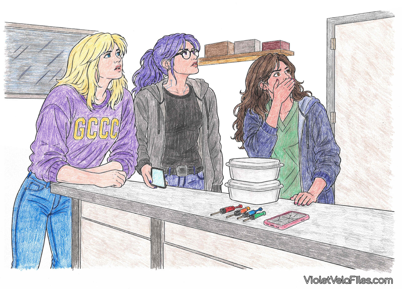Violet Vela, Stephanie Brown, and Izzy Ortiz at the Vela Repair counter, all three staring up at something off-frame; Steph in a purple GCCC sweatshirt leaning on the counter, Violet in a gray hoodie over a black tee with her purple ponytail, Izzy in green scrubs and a navy hoodie with her hand over her mouth, two salad containers and a pink-cased phone on the counter