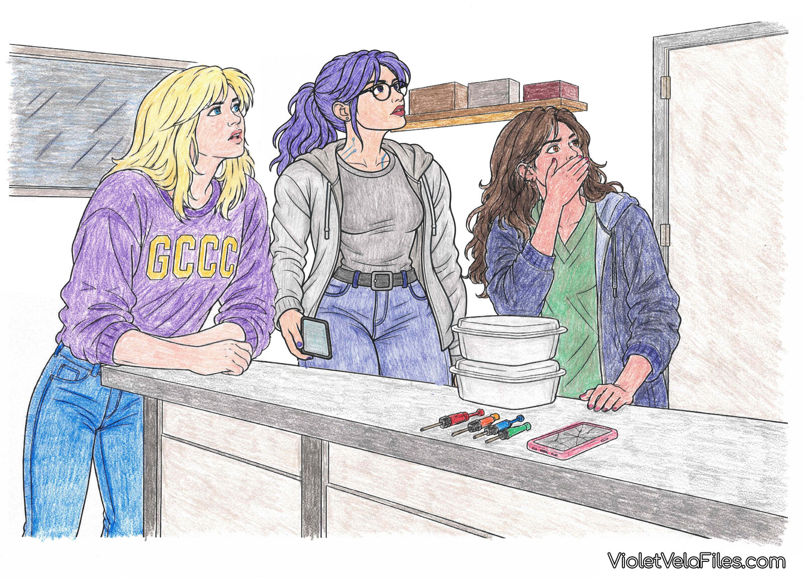 Violet Vela, Stephanie Brown, and Izzy Ortiz at the Vela Repair counter, all three staring up at something off-frame; Steph in a purple GCCC sweatshirt leaning on the counter, Violet in a gray hoodie over a black tee with her purple ponytail, Izzy in green scrubs and a navy hoodie with her hand over her mouth, two salad containers and a pink-cased phone on the counter