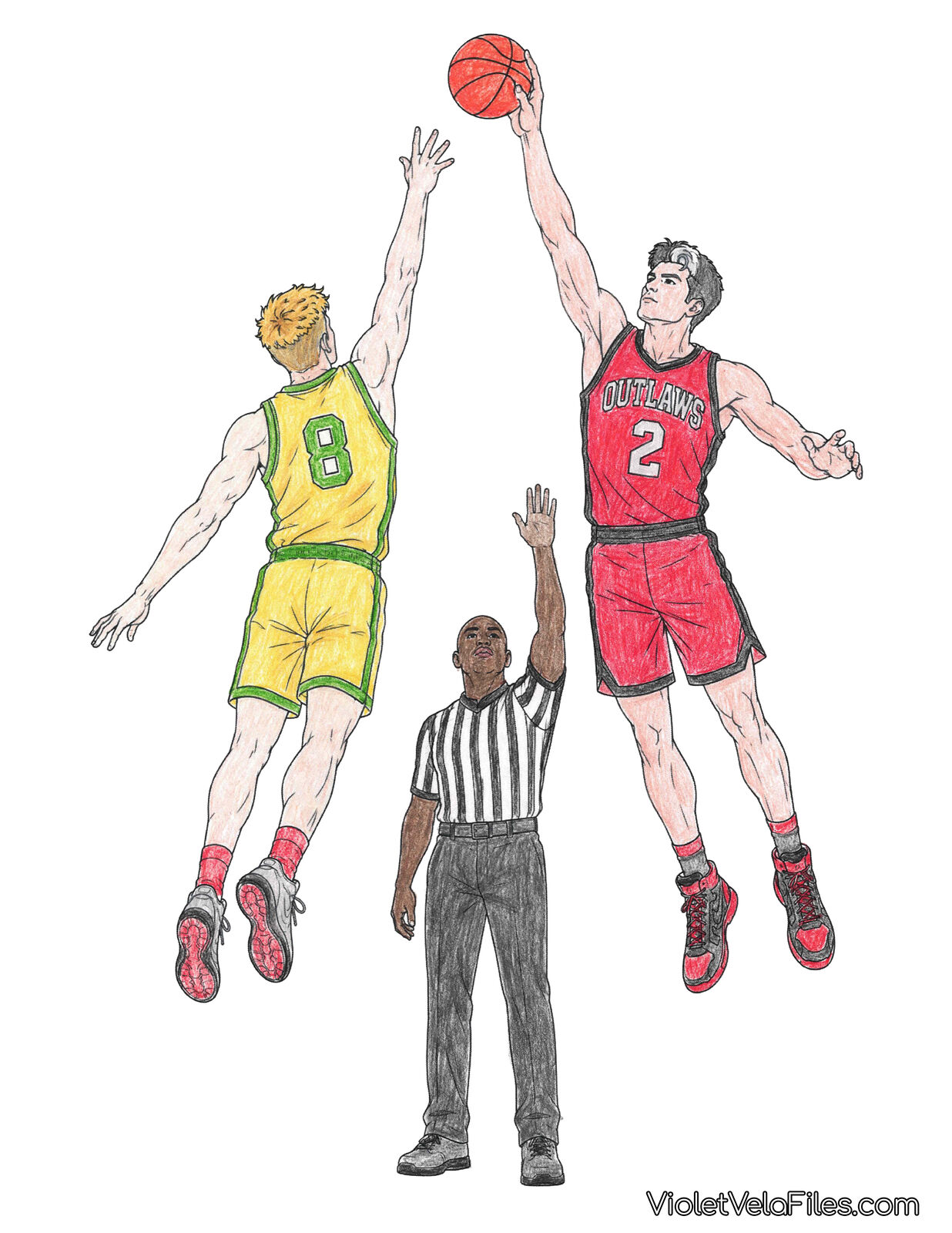 Rec-league tip-off: Jason Todd in a red Outlaws #2 jersey wins the jump ball over a blond opponent in a yellow and green #8 jersey, the referee below with his arm raised