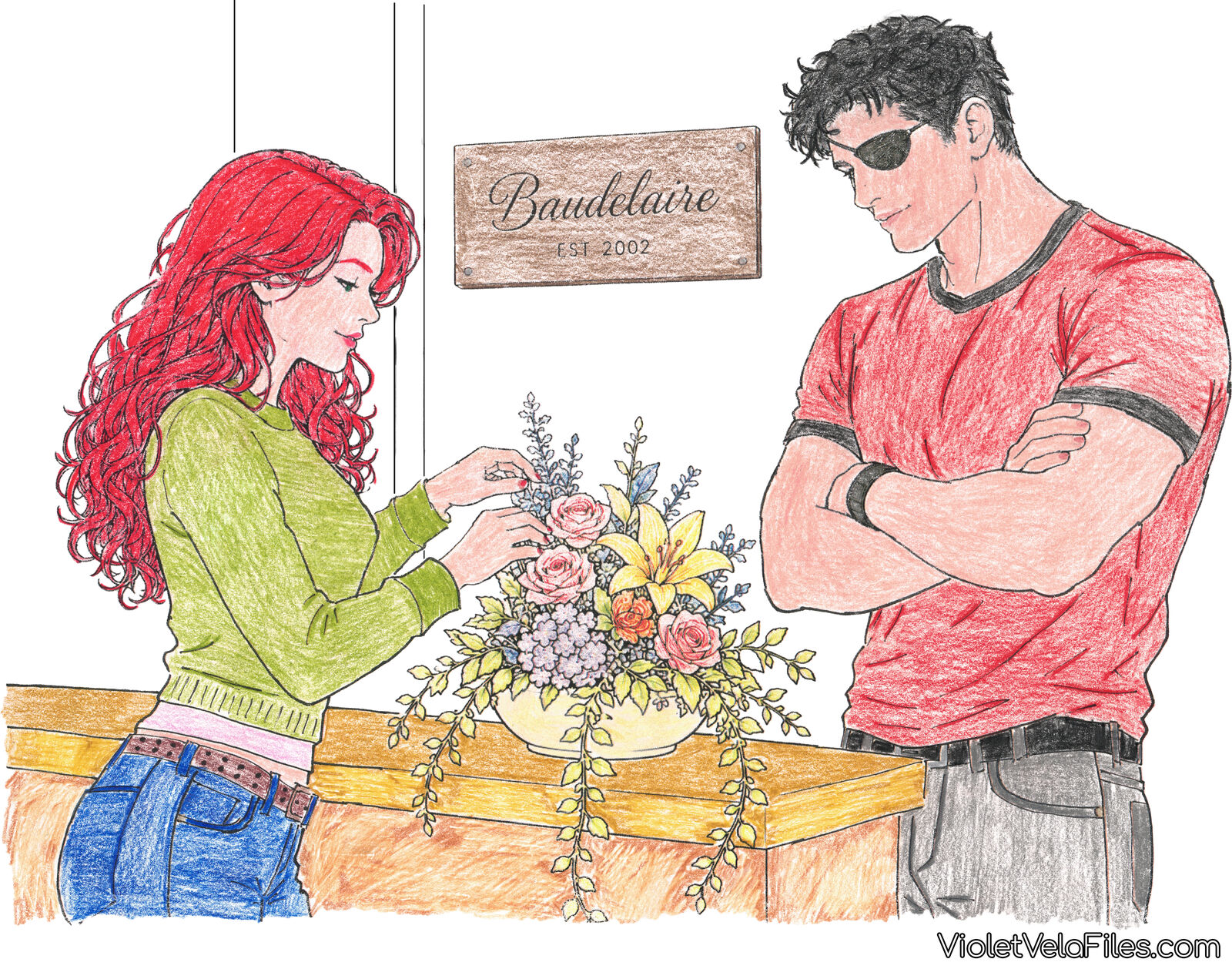 Pamela Isley arranging flowers behind the counter at Baudelaire while Jason Todd, arms crossed, watches