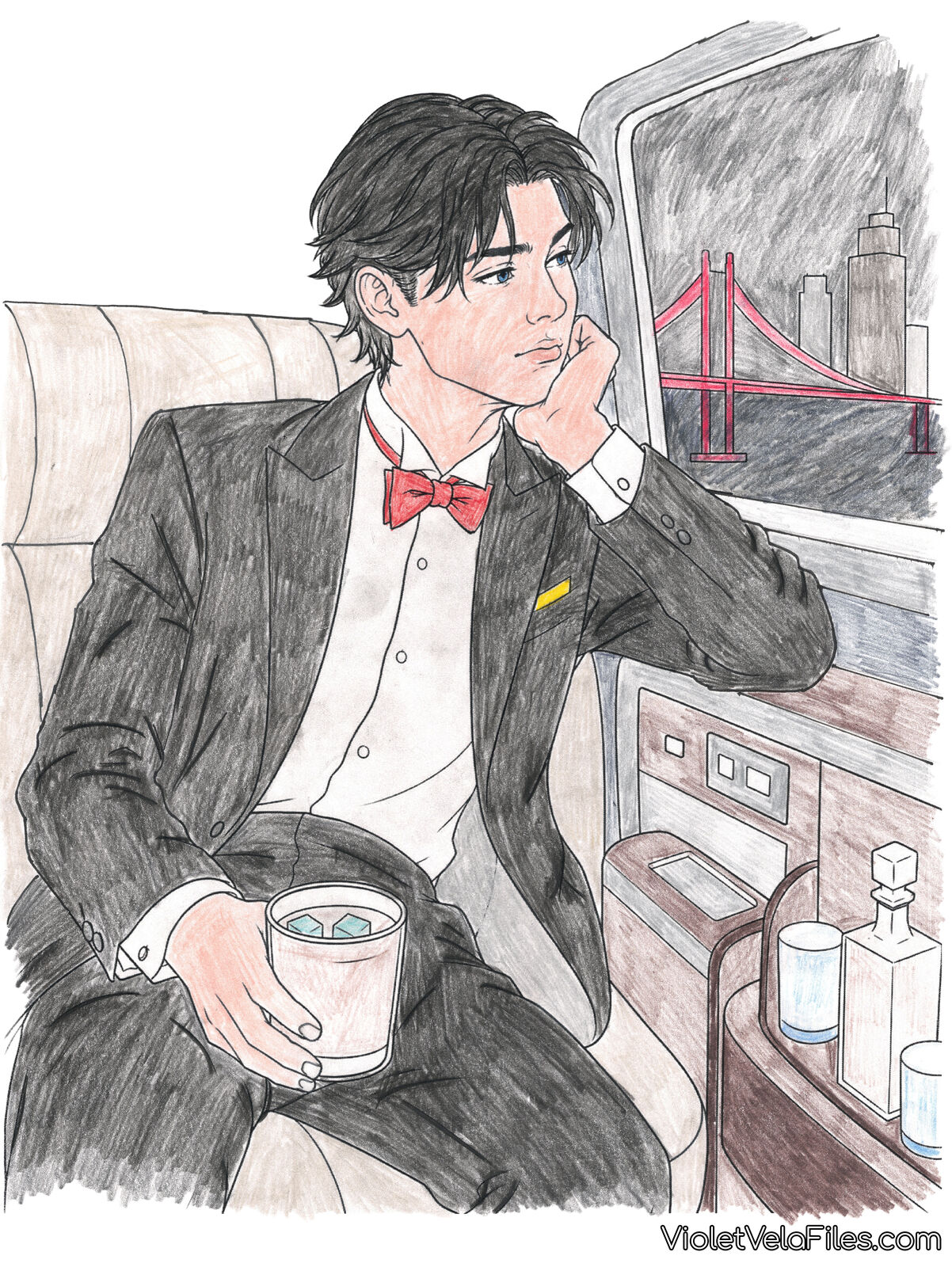 Tim Drake in a tuxedo riding in a limousine with a drink, the Gotham skyline and a red bridge through the window