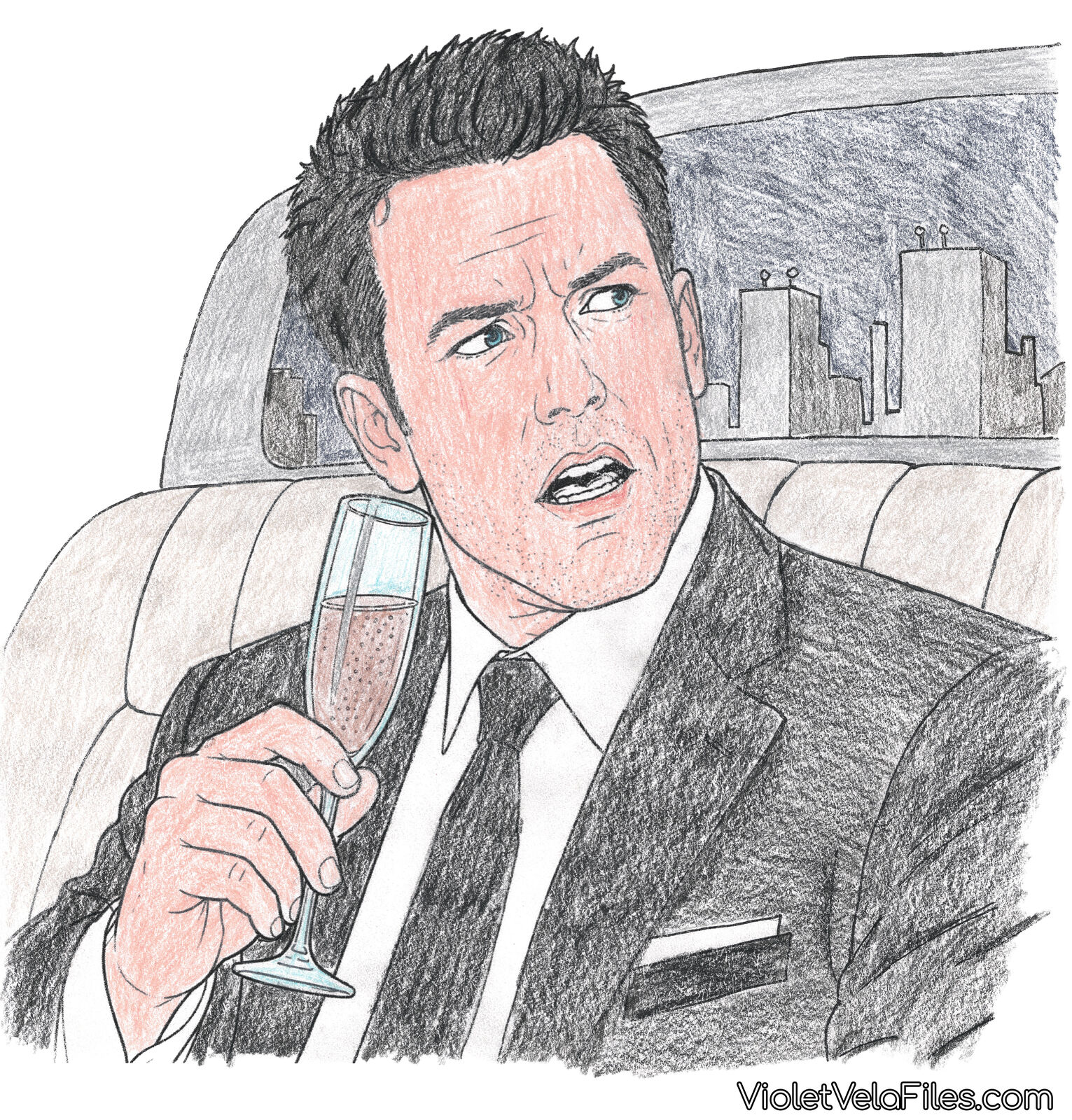 Bruce Wayne in a tuxedo holding a champagne flute in the back of a limousine, mid-sentence
