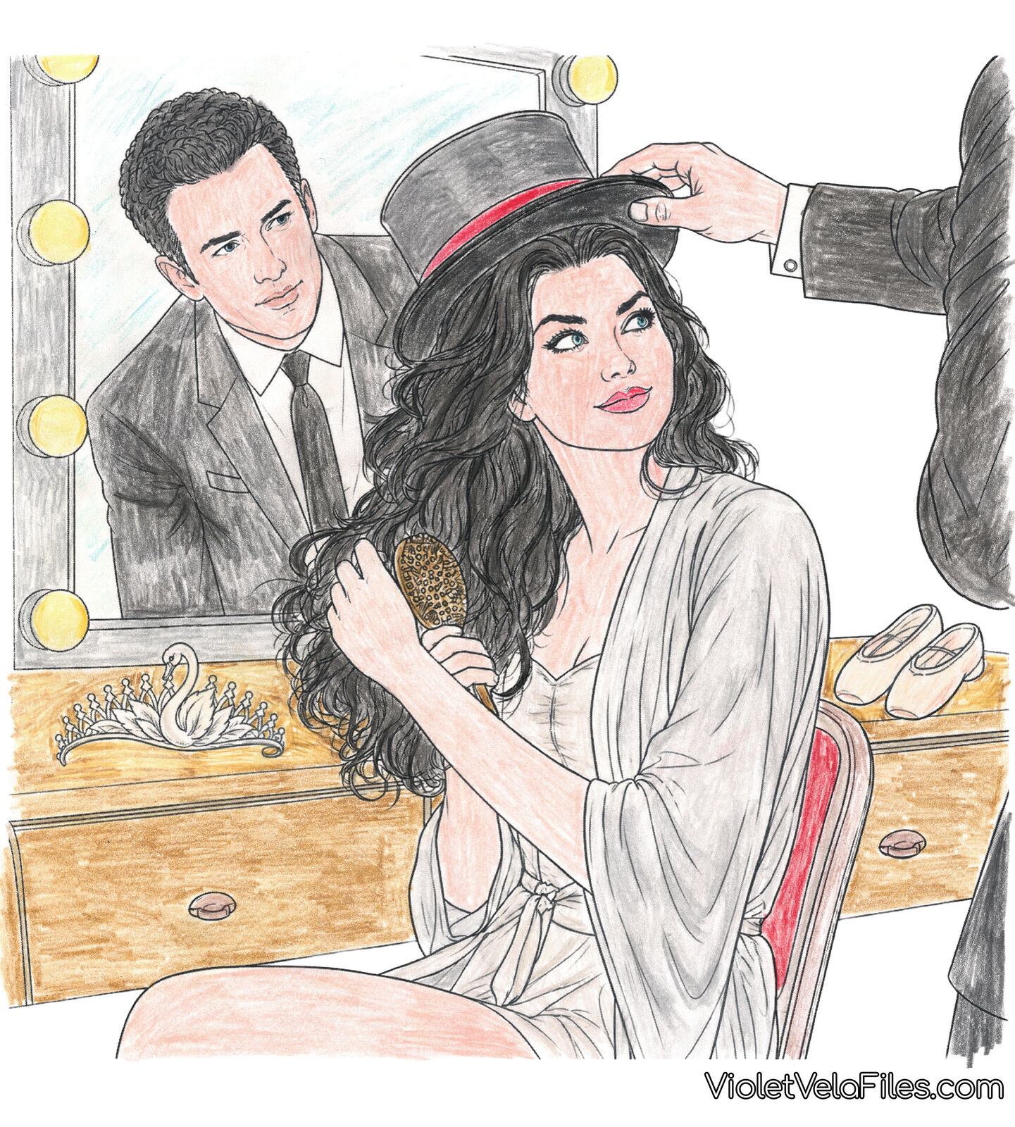 Zatanna brushing her hair at a lit dressing-room mirror as a top hat is set on her head, Bruce Wayne smiling in the reflection