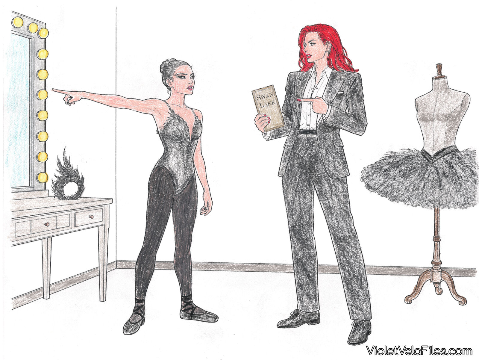 Cassandra Cain in ballet practice wear pointing at the dressing-room mirror while Kate Kane in a gray suit holds a Swan Lake program, a black tutu on a dress form beside them