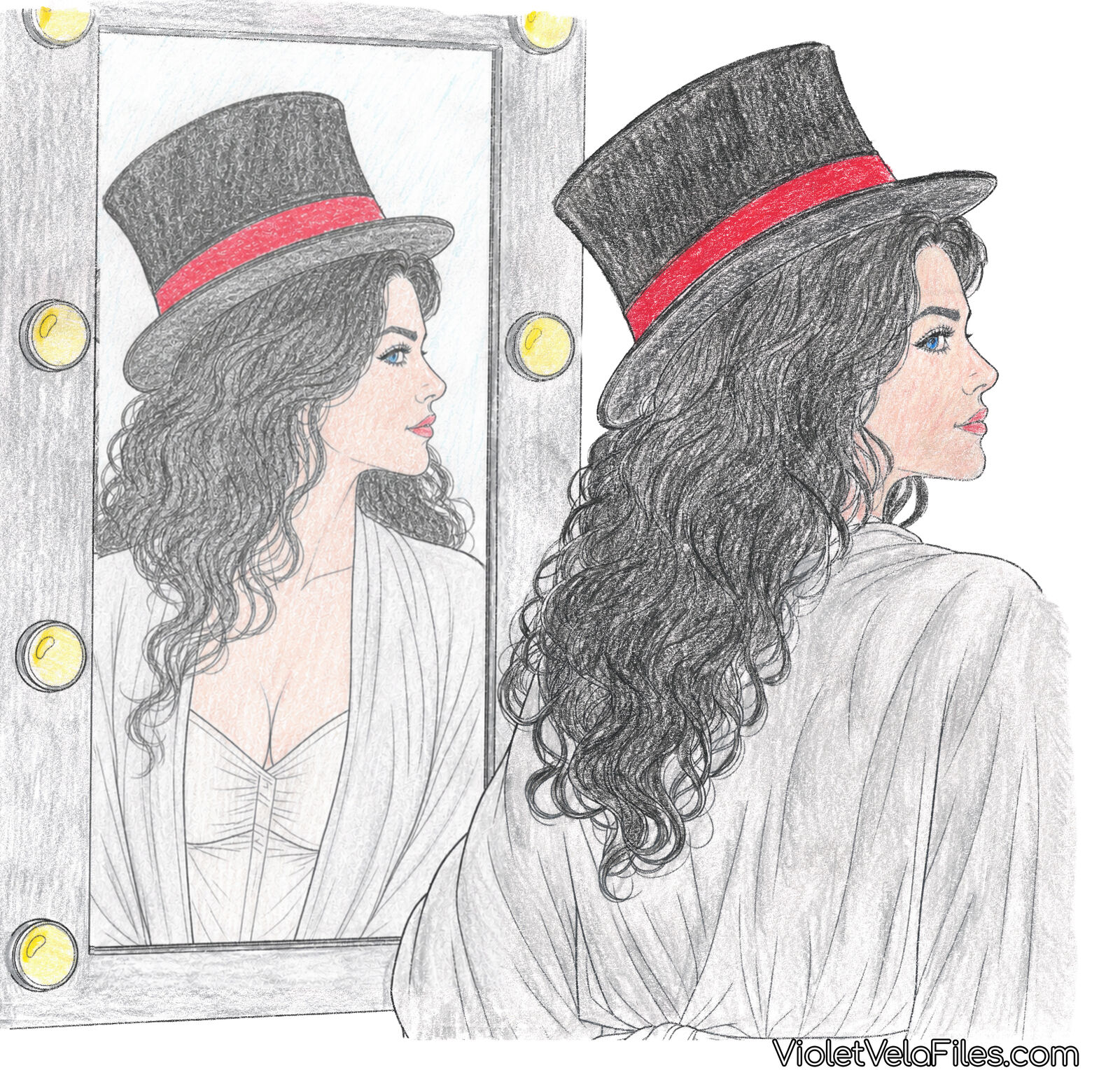 Zatanna in a top hat seen from behind in profile at her lit dressing-room mirror, her reflection matching her pose
