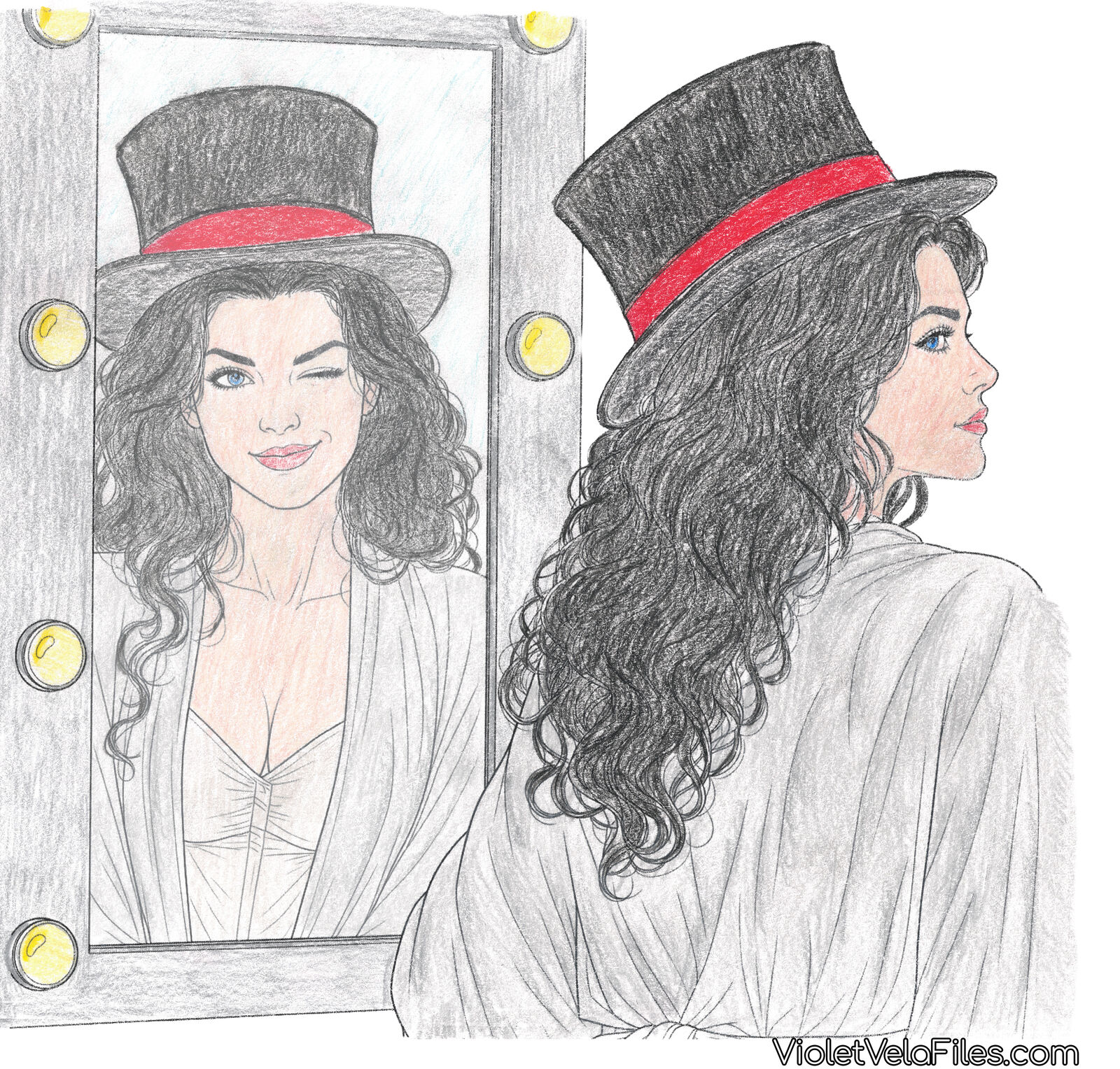Zatanna in a top hat seen from behind in profile, talking to someone off-frame, while her reflection in the lit dressing-room mirror faces forward and winks