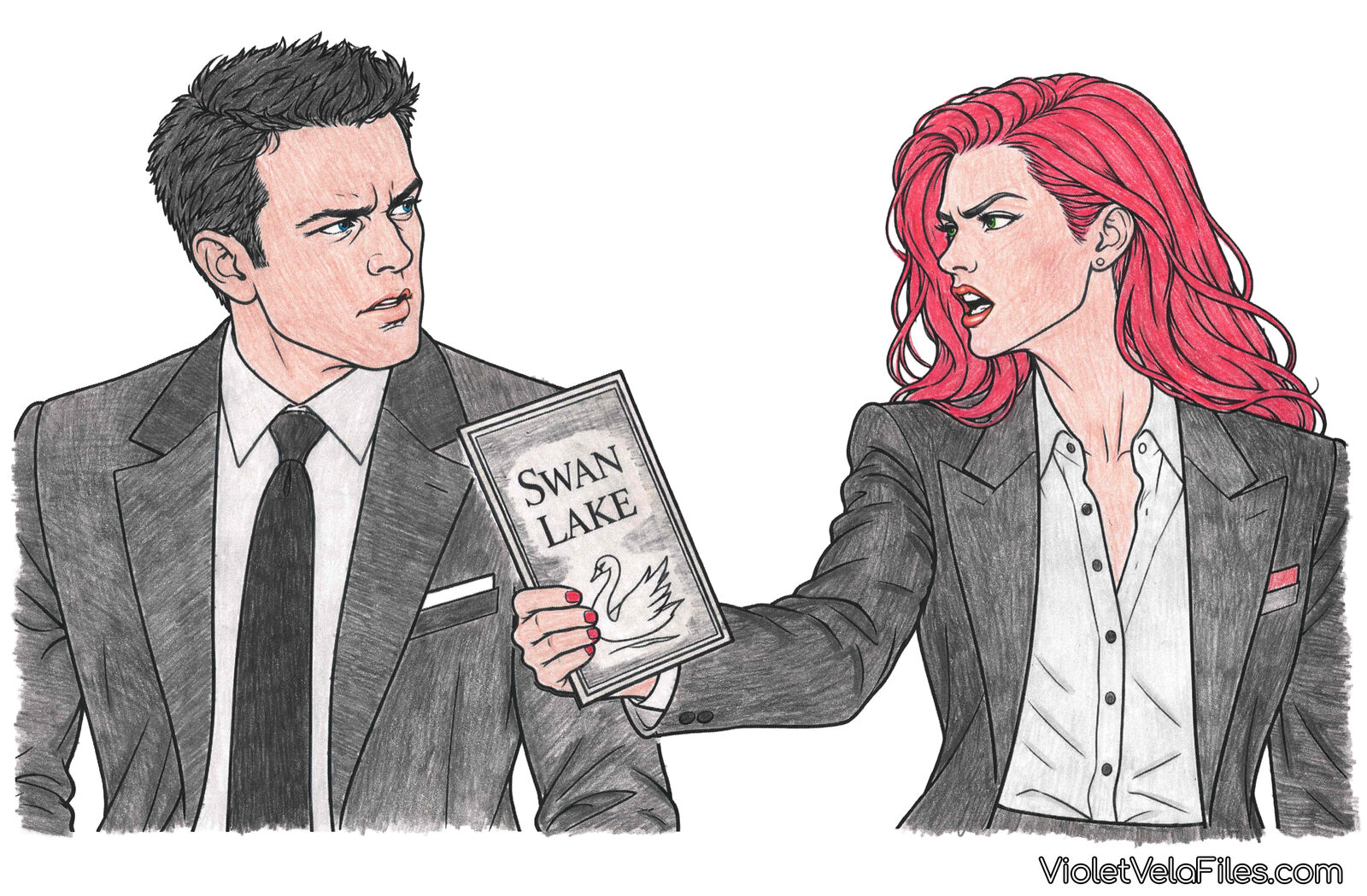 Kate Kane, red hair loose over a charcoal suit, thrusts a Swan Lake program at Bruce Wayne, who frowns back at her in his dark suit and tie