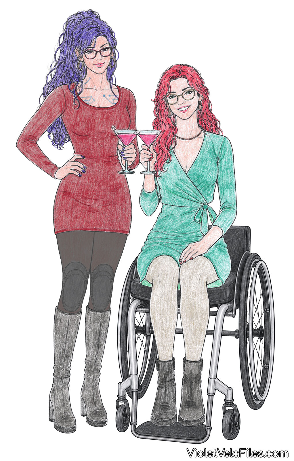 Barbara Gordon in her wheelchair in a green wrap dress toasting cosmopolitans with Violet Vela standing beside her in a red dress