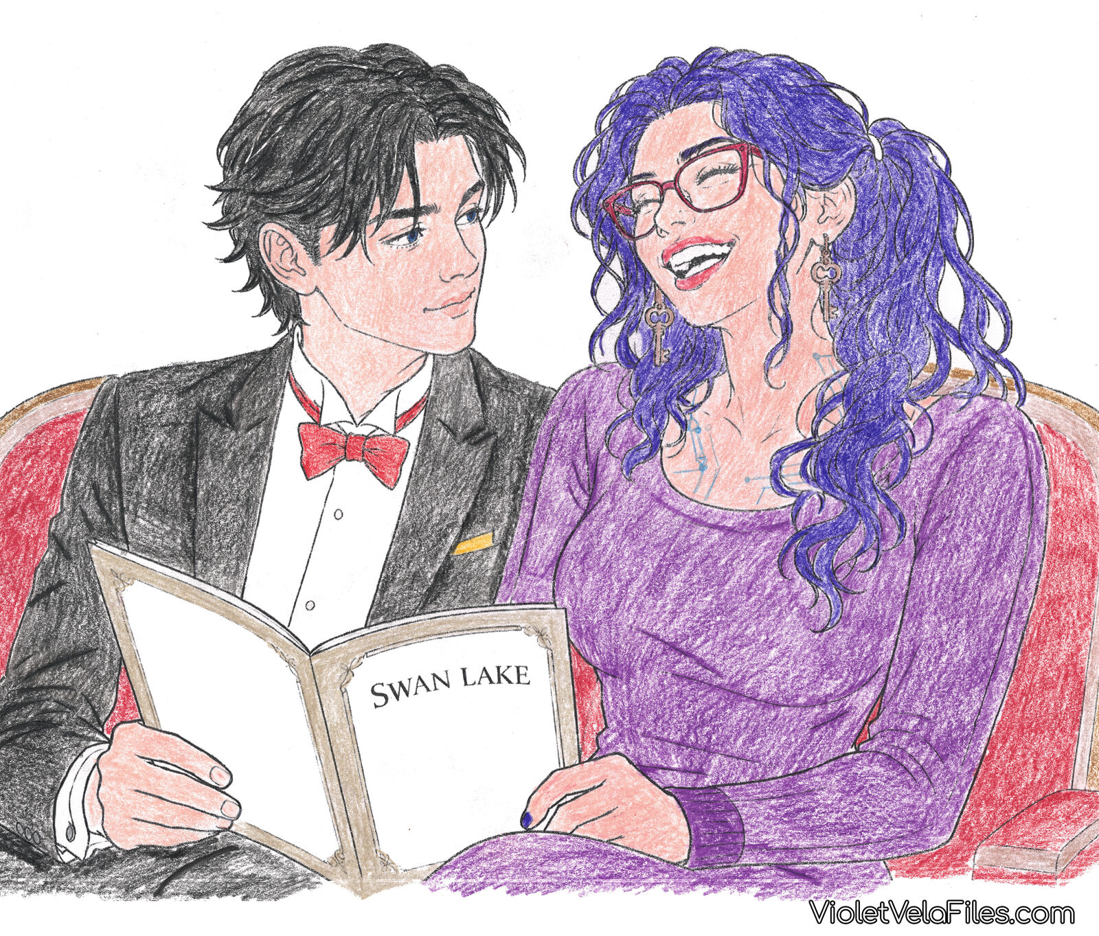 Tim Drake and Violet Vela seated at the ballet sharing a Swan Lake program, Violet laughing