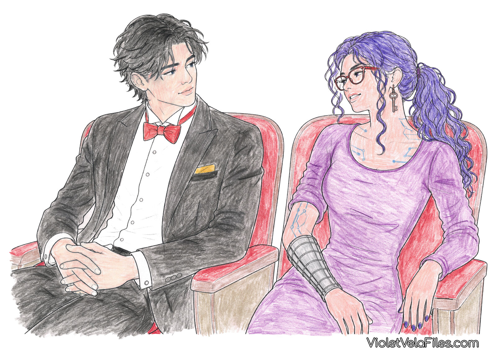 Tim Drake in a tuxedo and red bow tie trading a look with Violet Vela in a purple dress across red theater seats, her chrome forearm resting on the armrest