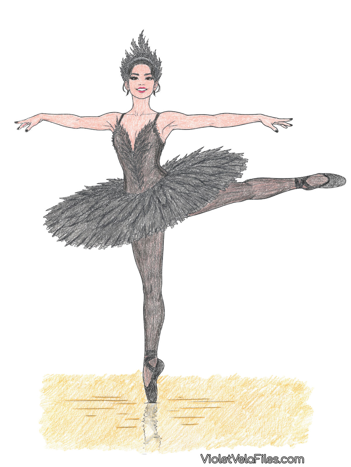 Cassandra Cain as the Black Swan in a black feathered tutu and crown, mid-turn en pointe on a golden-lit stage, her reflection in the floor