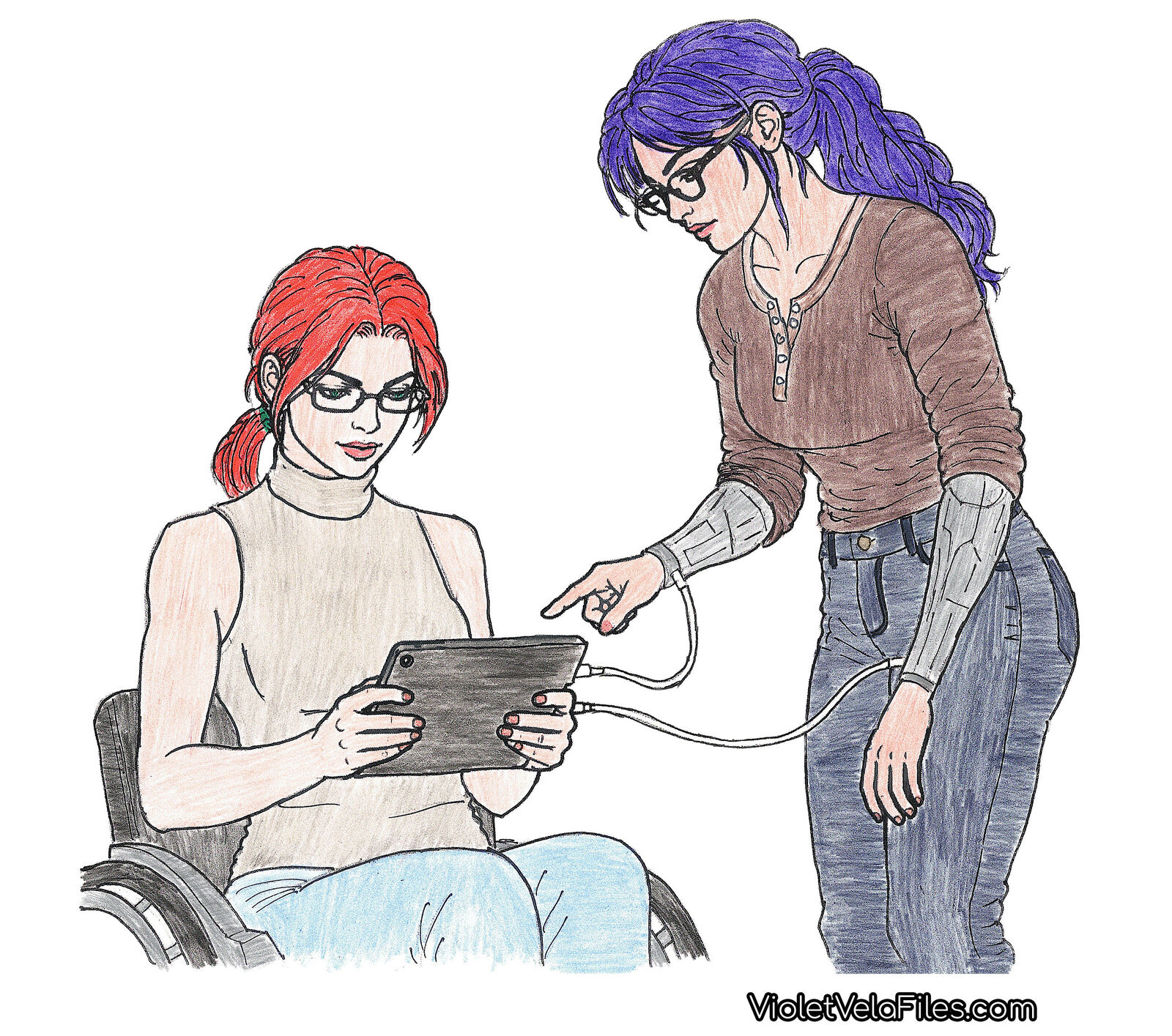 Barbara Gordon in her wheelchair holding a tablet while Violet Vela leans over her shoulder pointing at the screen, a cable running from Violet's chrome forearm into the tablet