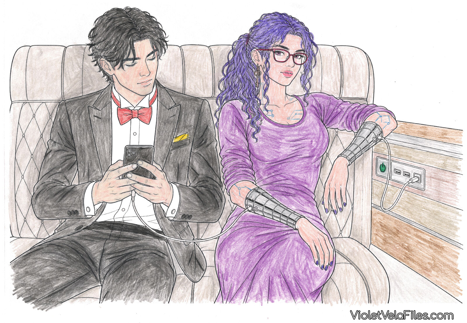 Tim Drake reading his phone in the back of a limousine while Violet Vela lounges beside him, her chrome forearm draped near the charging console