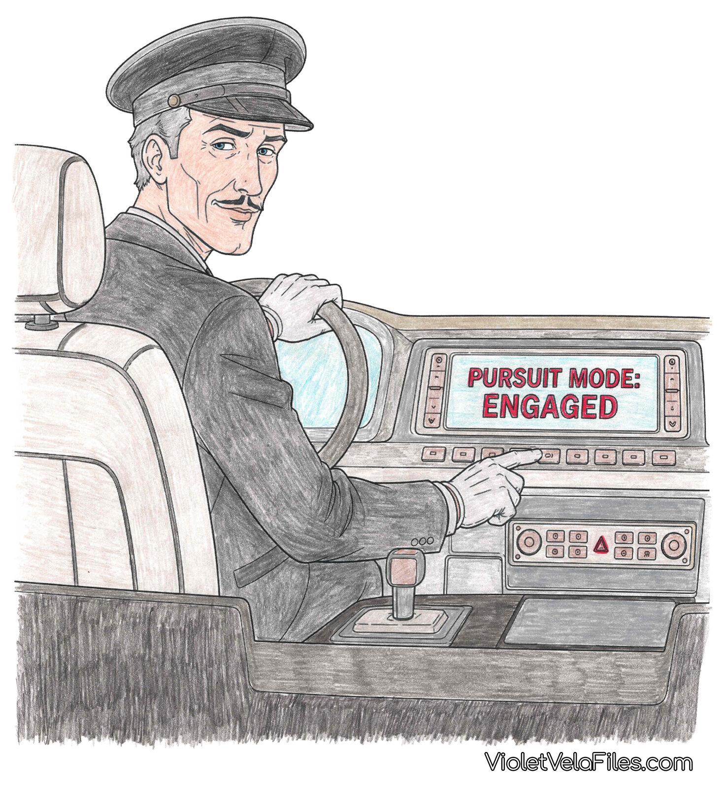 Alfred in a chauffeur cap turning to look over his shoulder from the driver seat of a limousine, one gloved finger on the console as the dashboard screen reads PURSUIT MODE: ENGAGED in red