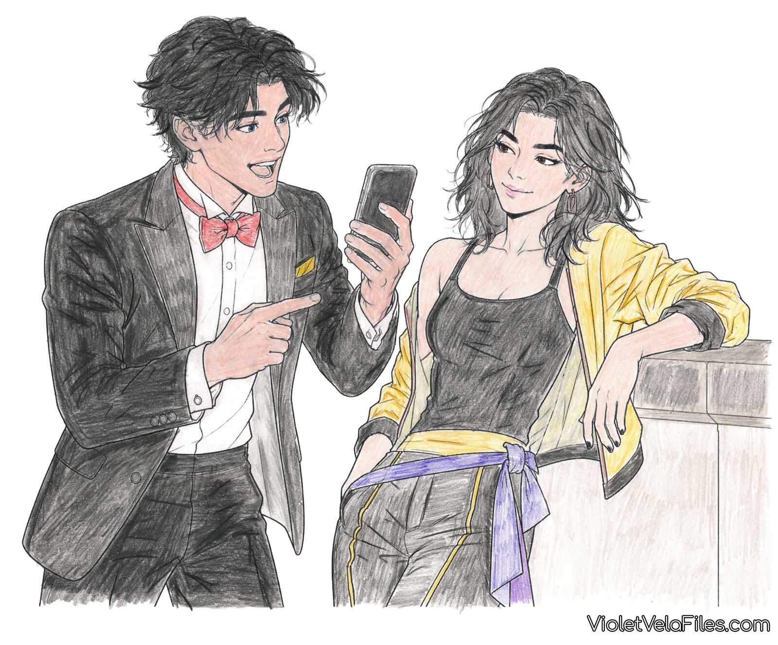 Tim Drake in a tuxedo pointing at his phone beside Cassandra Cain in a yellow jacket and black tank top