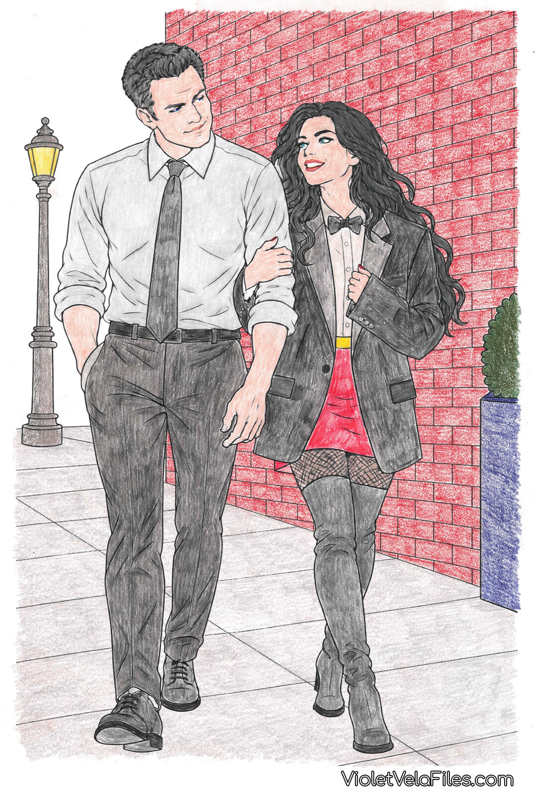 Bruce Wayne in shirtsleeves and a long tie walking arm in arm down a brick-lined sidewalk with Zatanna, who wears his oversized suit jacket over a white shirt, bow tie, red skirt, fishnets, and over-the-knee boots