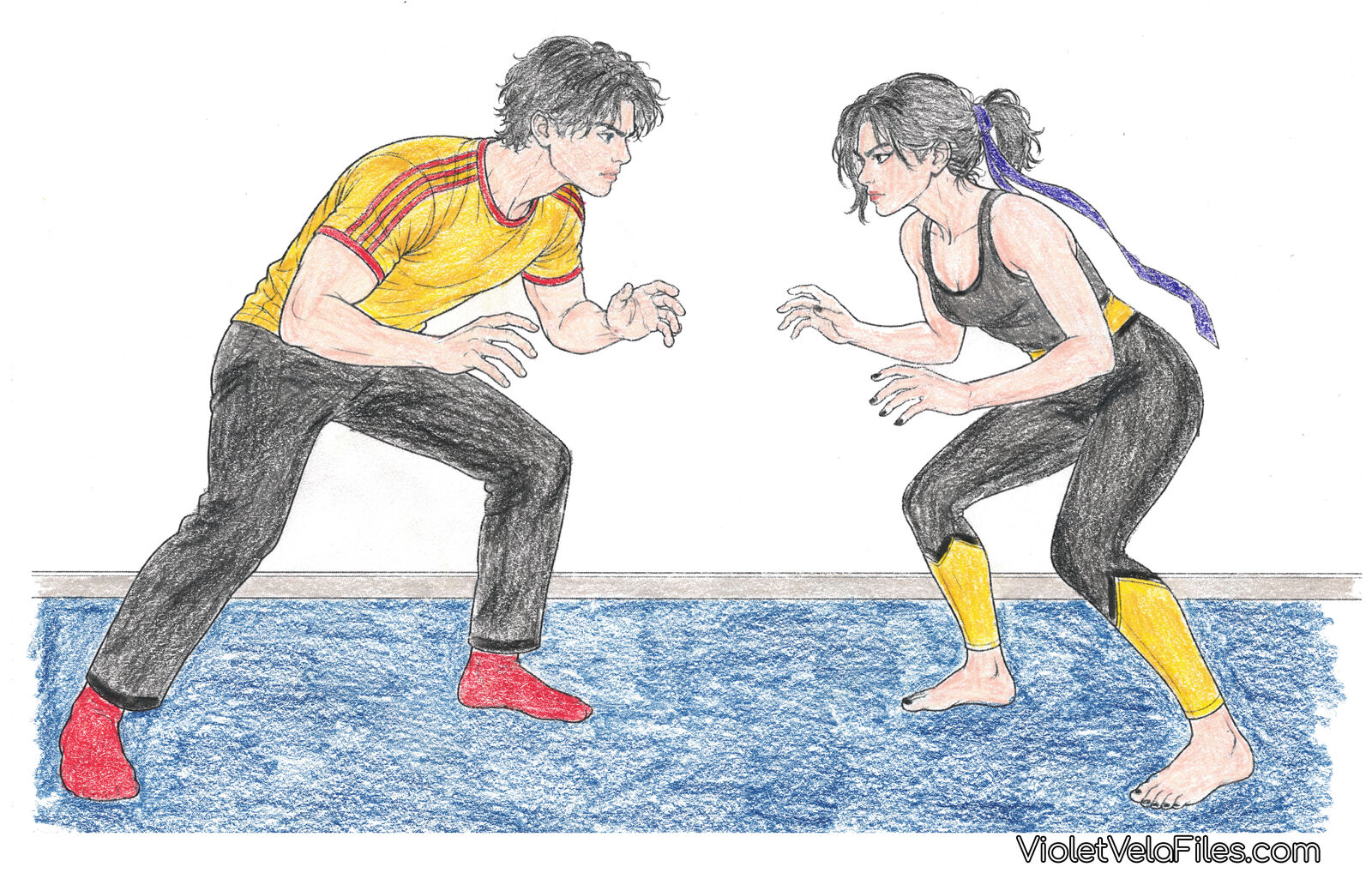 Tim Drake and Cassandra Cain in grappling stances facing off across a sparring mat