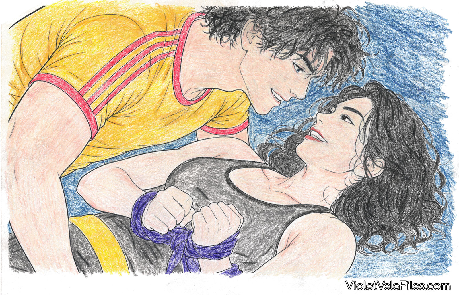 Tim Drake and Cassandra Cain close together on the sparring mat, her wrists wrapped in a purple sash