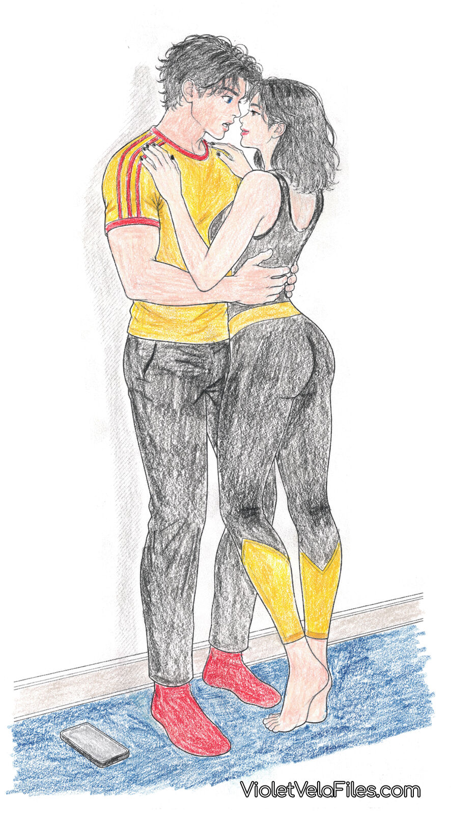 Tim Drake and Cassandra Cain in a close embrace, kissing, on the sparring mat