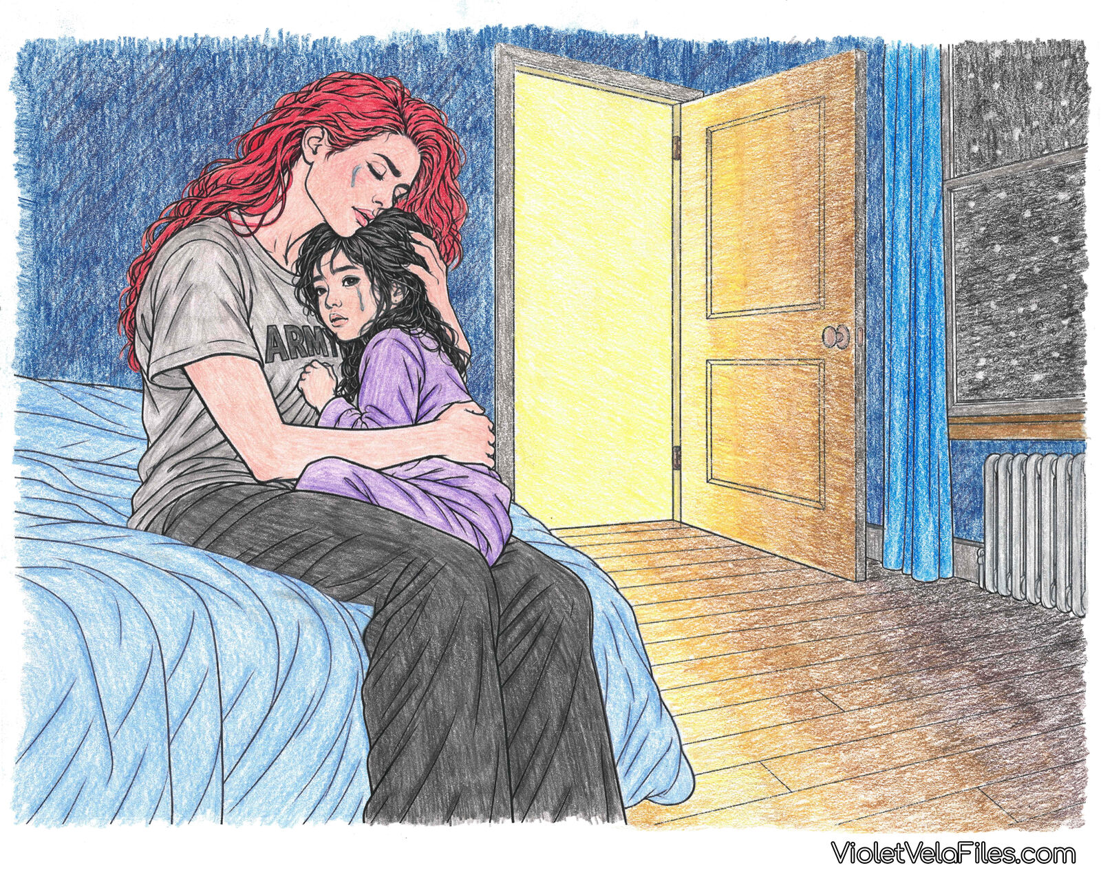 Kate Kane in an Army T-shirt holding eight-year-old Cassandra against her chest on a bed at night, her cheek resting on the top of the girl's head, snow in the window