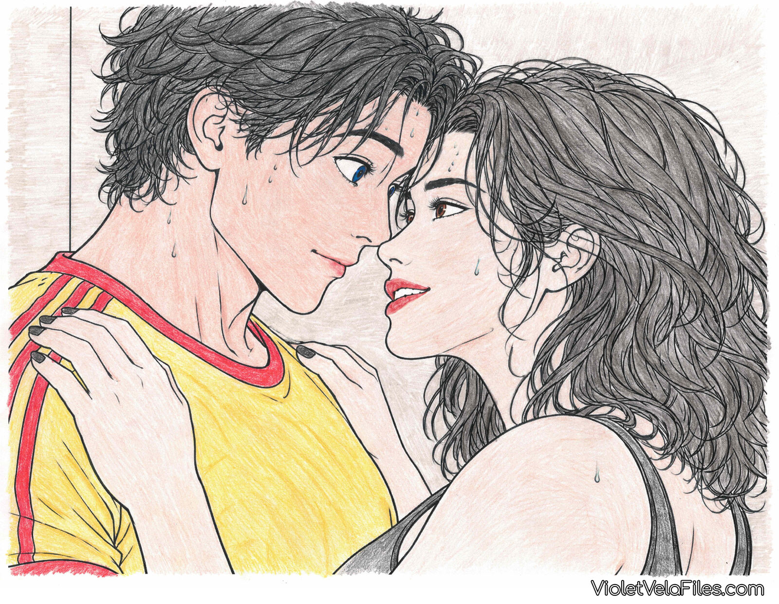 Close-up of Tim Drake and Cassandra Cain with their foreheads pressed together, eyes open and locked, both sweating; her hands on the shoulders of his yellow and red shirt, her smile knowing, his face stunned