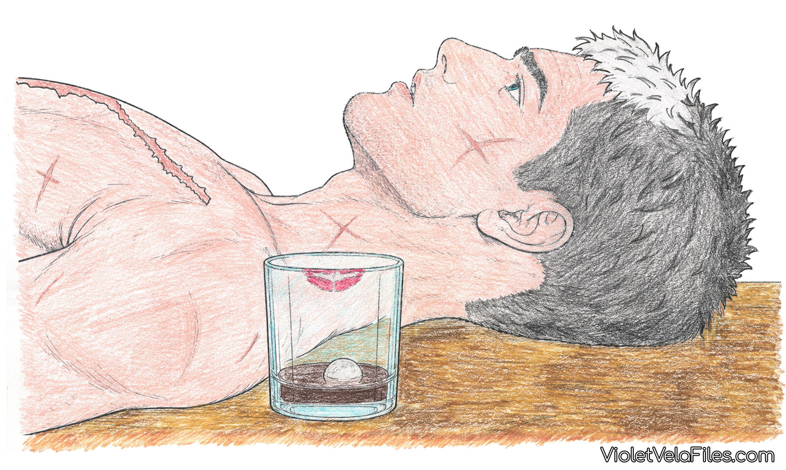 Jason Todd lying flat on the bar top, staring at the ceiling in the neon light