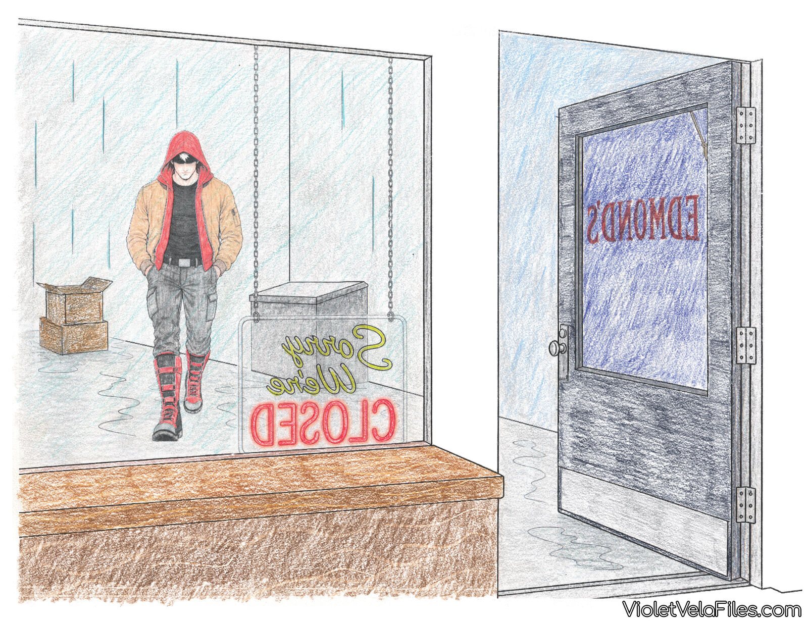 Red Hood crossing a rain-slicked street toward Edmond's bar and its glowing Sorry We're Closed sign