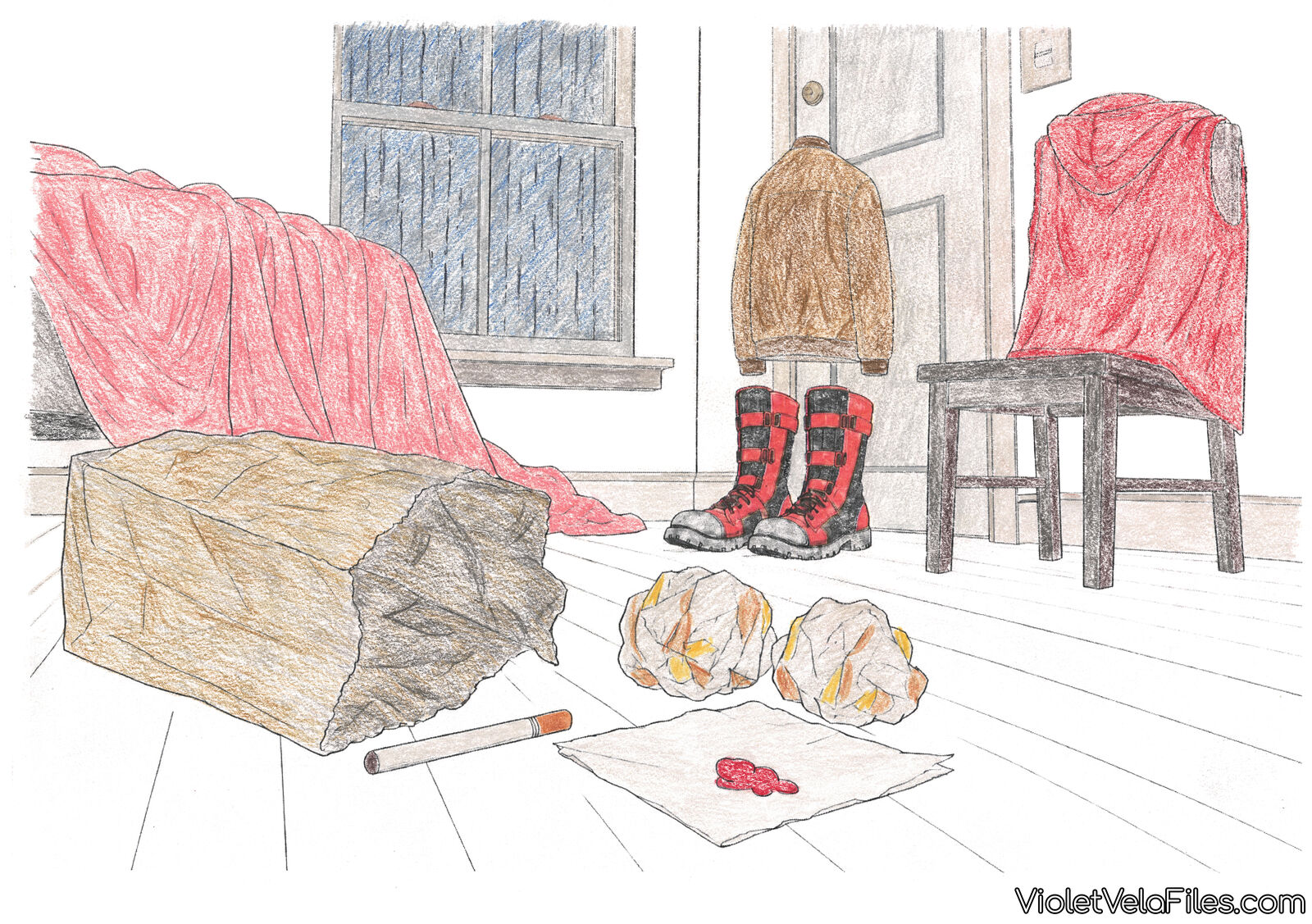 Jason Todd's jacket hung on a bedroom door, boots paired neatly beneath it