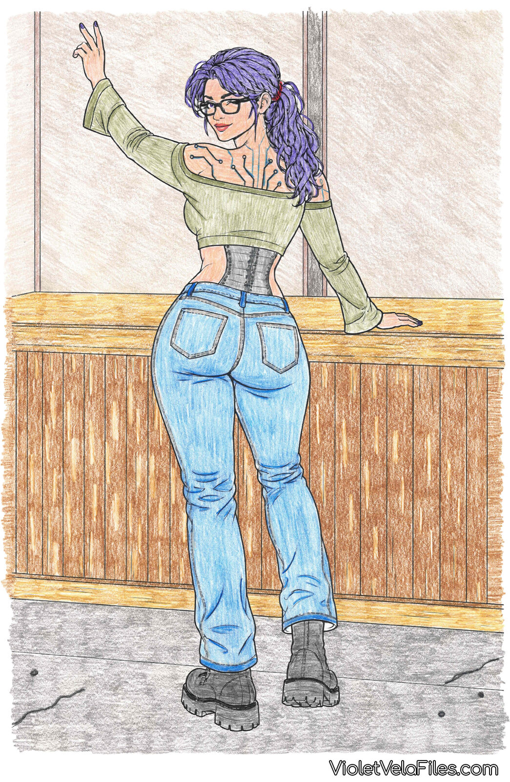 Violet Vela seen from behind at a wooden bar, one hand raised, in an off-shoulder olive crop top, light-wash jeans, and combat boots, the steel lumbar plate and circuit traces on her back showing