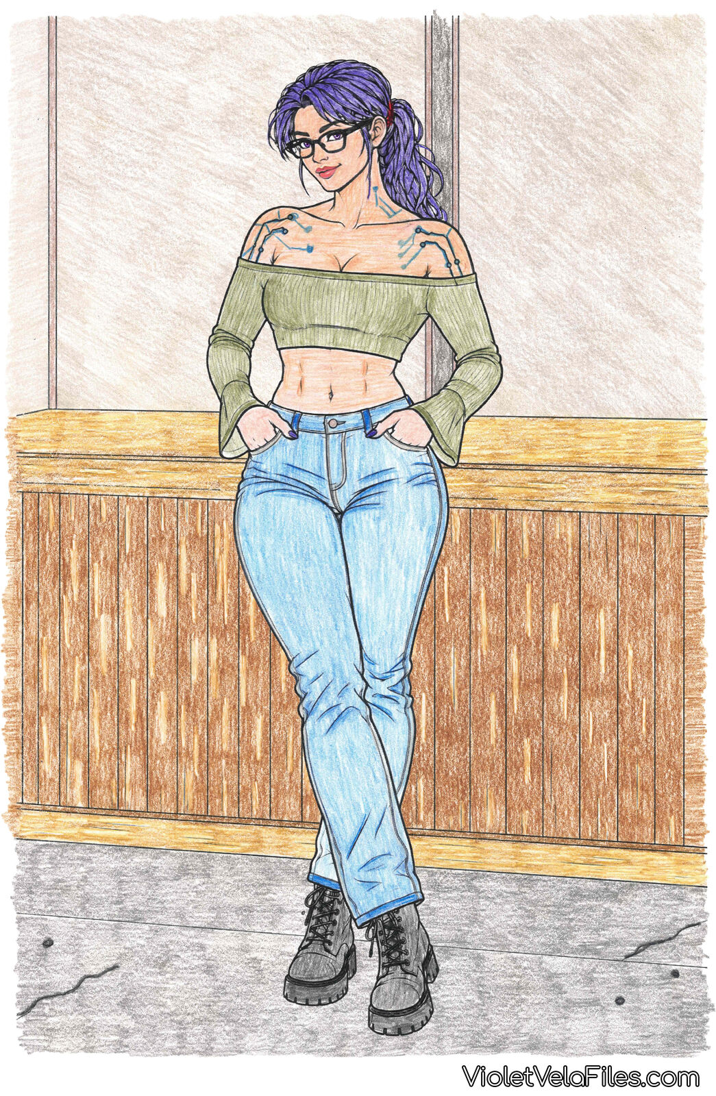 Violet Vela leaning back against a wooden bar in an off-shoulder olive crop top, light-wash jeans, and lace-up combat boots, hands in her pockets, circuit traces across her shoulders and collarbone