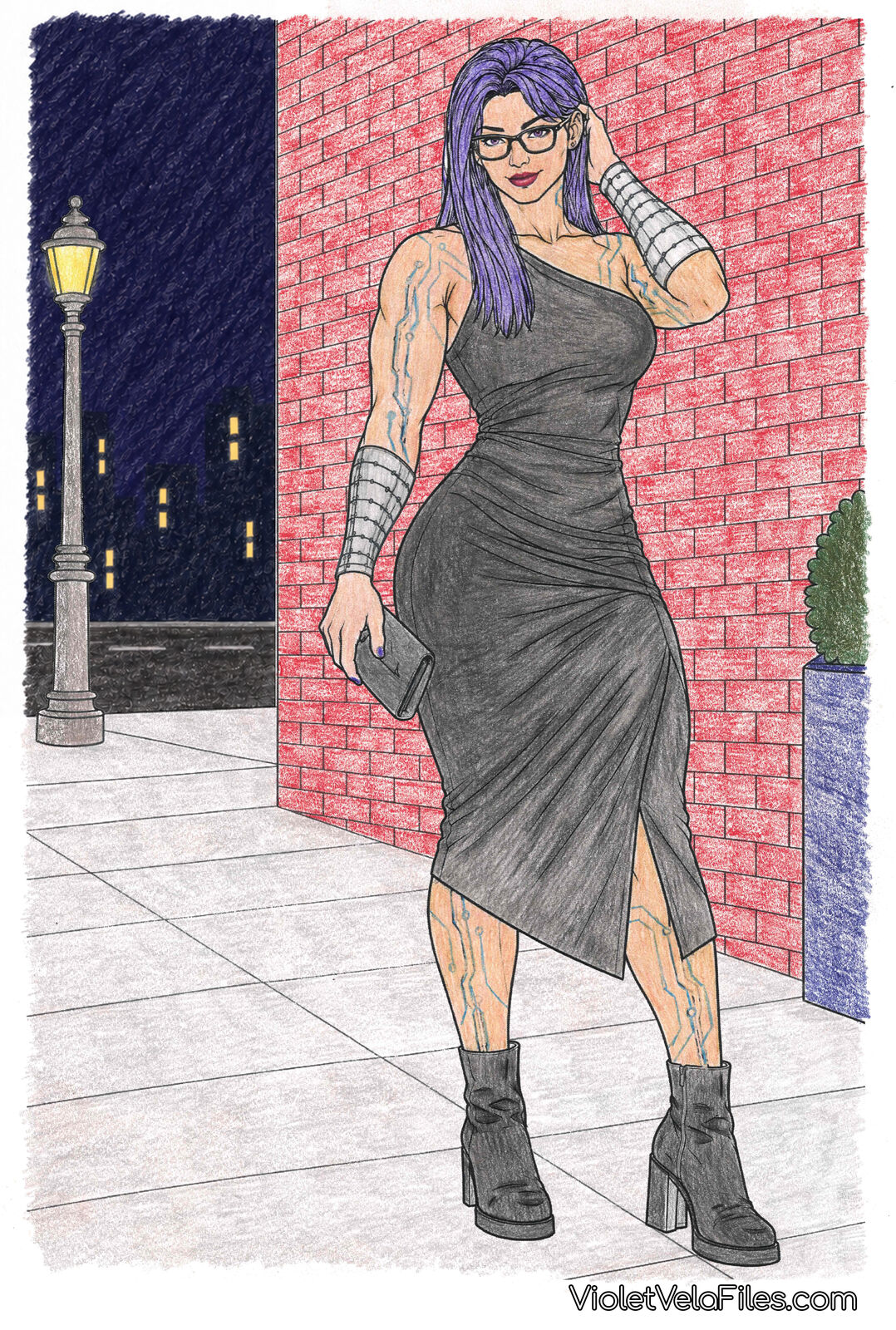 Violet Vela on a Gotham sidewalk at night in a charcoal one-shoulder midi dress with a thigh slit, chrome forearm bracers, and black heeled ankle boots, a clutch in one hand and the other in her hair, against a red brick wall with a street lamp behind her