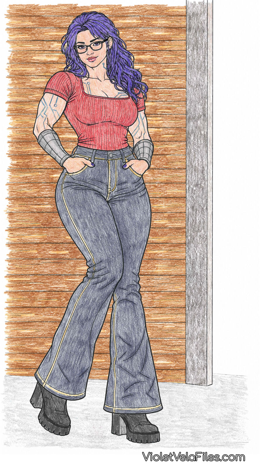 Violet Vela with long wavy purple hair in a fitted rose ribbed tee, flared jeans, and platform boots, hands in her pockets and chrome forearms showing, against a wood-paneled wall