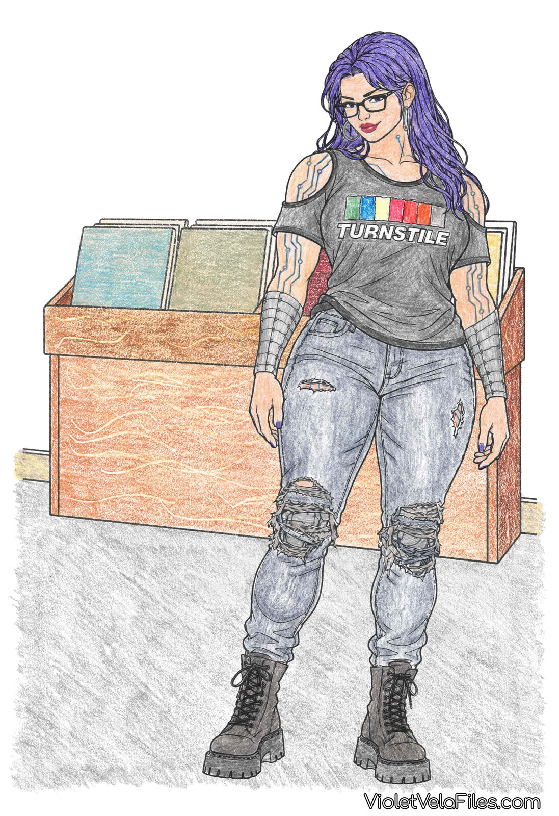 Violet Vela in a gray cold-shoulder Turnstile band tee, ripped light-wash jeans, and brown lace-up combat boots, hoop earrings and chrome forearms showing, standing in front of a wooden record crate