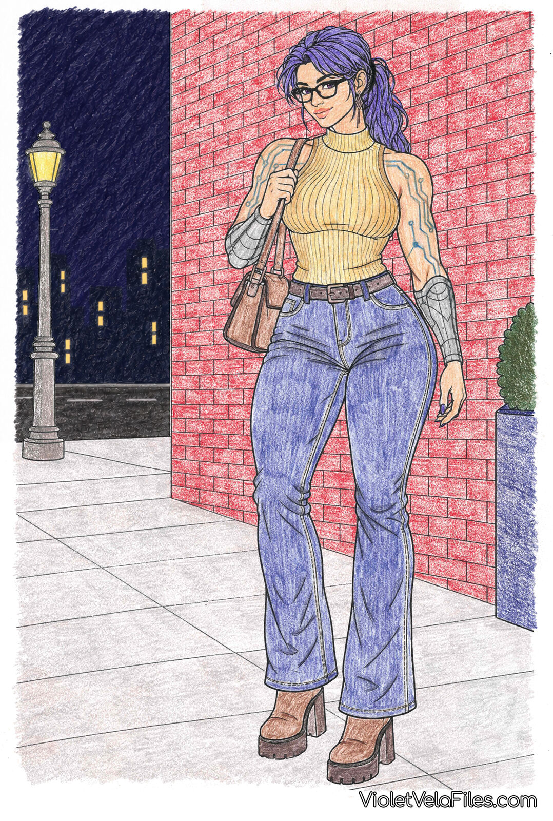 Violet Vela walking a Gotham sidewalk at night past a red brick wall and a street lamp, in a sleeveless mustard ribbed turtleneck, flared jeans, and brown platform boots, a leather purse over her shoulder