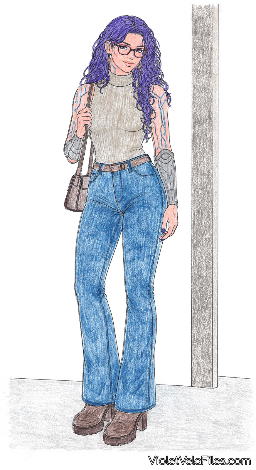 Violet Vela in a sleeveless cream turtleneck and flared jeans, chrome forearms bare, purse over her shoulder, ready for a date
